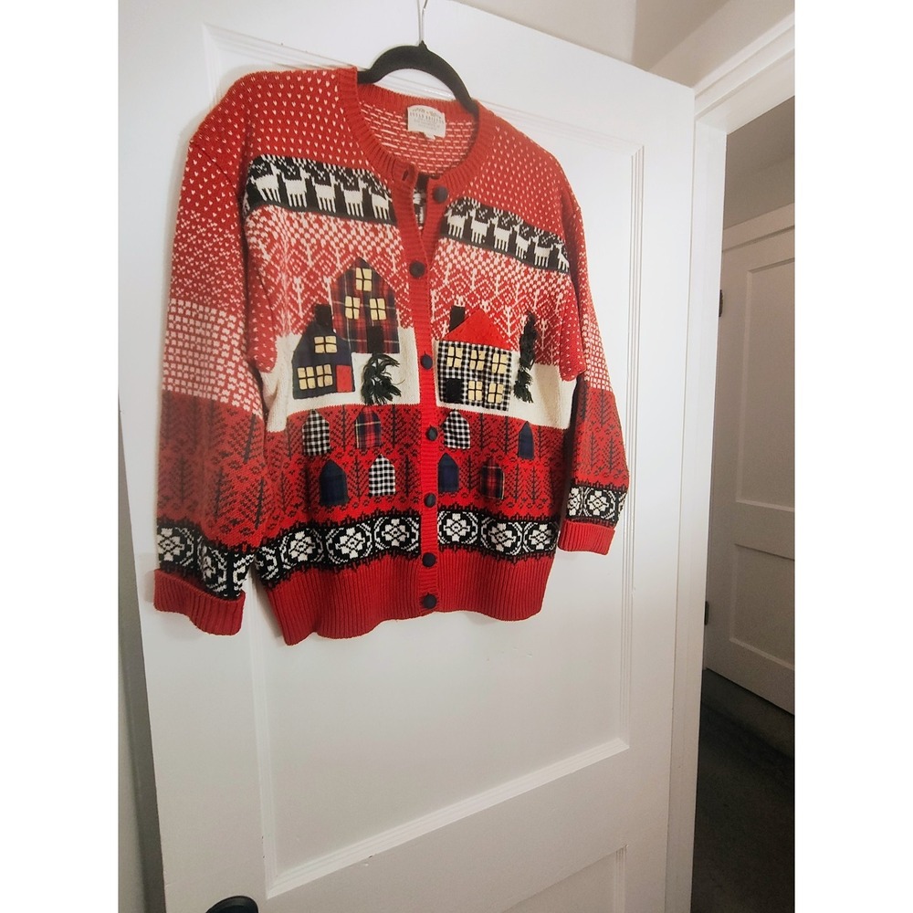 Vintage 1991 Susan Bristol Christmas Sweater L Reindeer Fair Isle Red Nordic